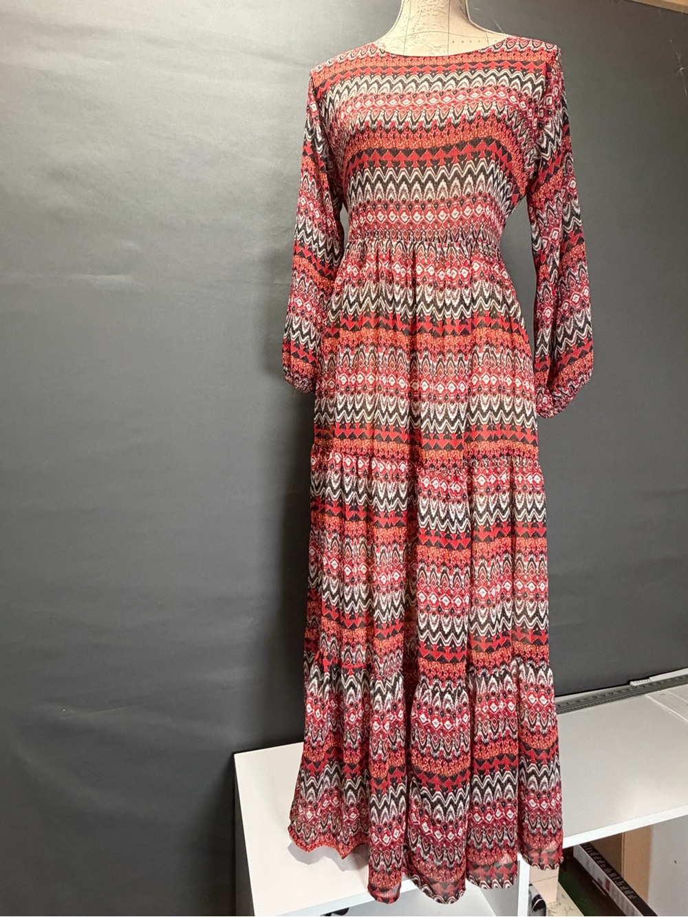 Red Patterned Maxi Dress with Long Sleeves